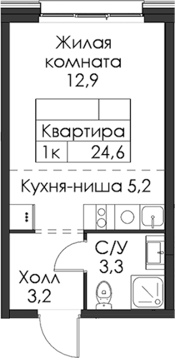 Квартира студия 24.6 м², 4/8 эт., ЖК «Шкиперский 19»